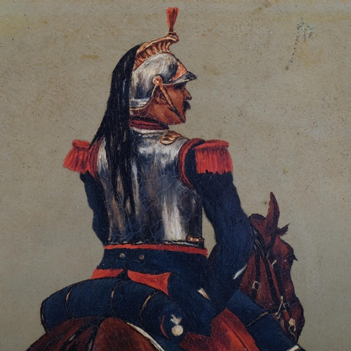 346 - Oil on panel, study of a soldier on horseback, 42cm x 32cm overall, framed