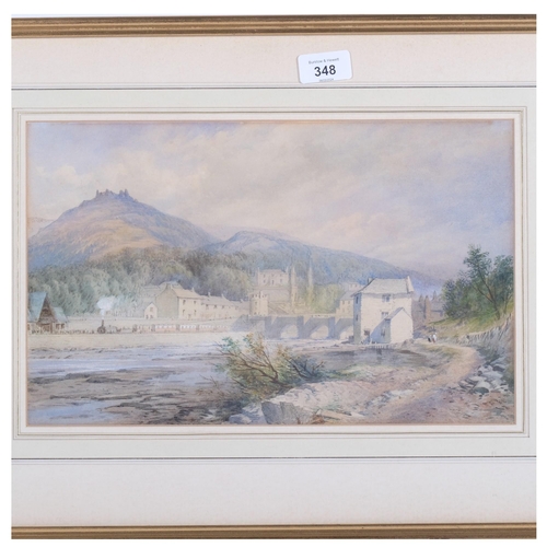 348 - A watercolour, buildings and valley landscape, unsigned, label to reverse 