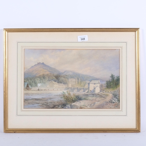 348 - A watercolour, buildings and valley landscape, unsigned, label to reverse 