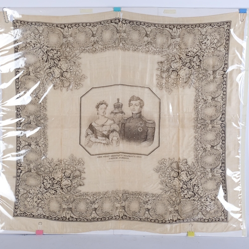 349 - A commemorative Queen Victoria silk scraf, by Cosmanos, 73cm x 74cm, and another depicting Their Mos... 