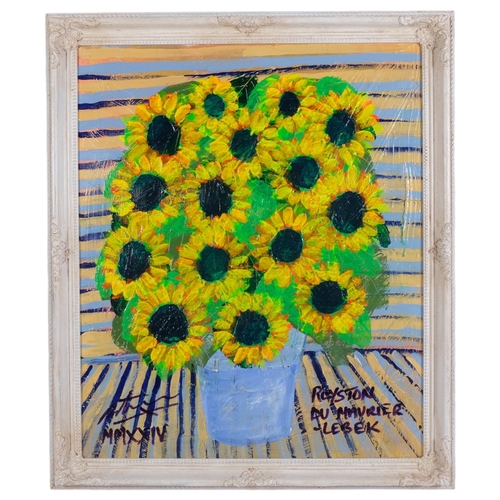 350 - Royston Du Maurier Lebek, oil on board, still life study of sunflowers, 69cm x 59cm overall, framed