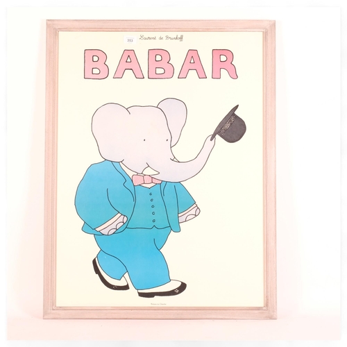 353 - Babar, 2 coloured poster prints, the elephant, and on his travels, 86cm x 66cm overall, both framed