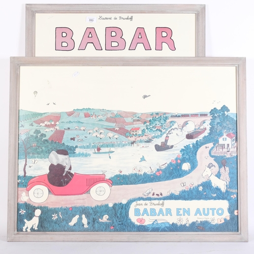 353 - Babar, 2 coloured poster prints, the elephant, and on his travels, 86cm x 66cm overall, both framed