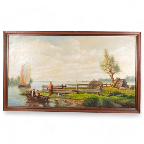 355 - J W Hancox, oil on canvas, panoramic river view, fishermen on the coast, 83cm x 141cm overall, frame... 