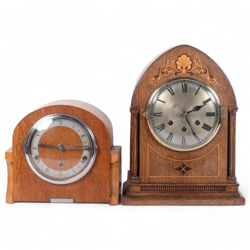 363 - An oak-cased lancet-top inlaid oak mantel clock with 3-train movement, 36cm, and an Art Deco mantel ... 