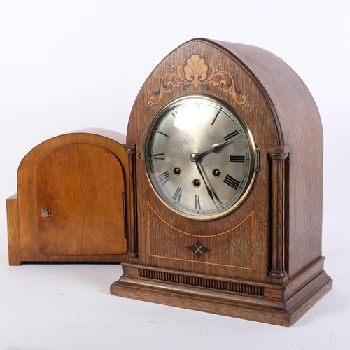 363 - An oak-cased lancet-top inlaid oak mantel clock with 3-train movement, 36cm, and an Art Deco mantel ... 