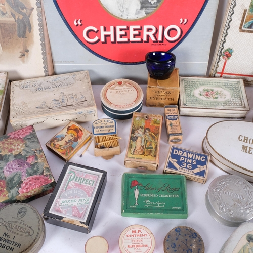 425 - A trayful of Antique and Vintage decorative card boxes and tins, some with contents including hairpi... 