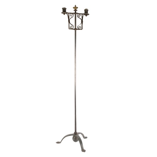 116 - A floor standing wrought-iron 2-branch Gothic design candelabra, H123cm