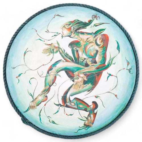 434 - A circular oil painting of a mythical figure, interesting rope frame, 42cm