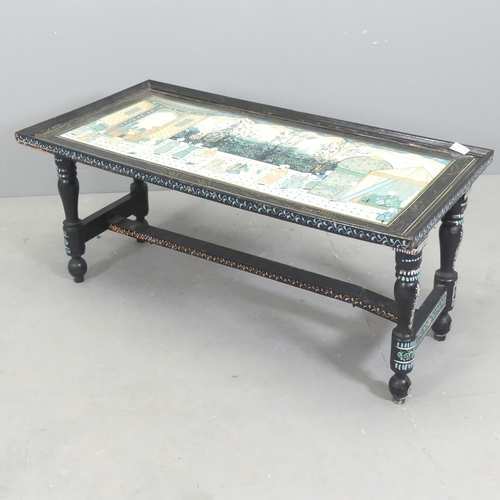 2672 - An Indian black-lacquered rectangular coffee table with hand painted decoration and folding base, 92... 