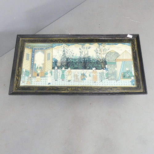 2672 - An Indian black-lacquered rectangular coffee table with hand painted decoration and folding base, 92... 