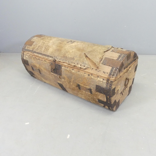 2655 - A vintage leather on pine cylindrical travelling trunk. 92x40x40cm.