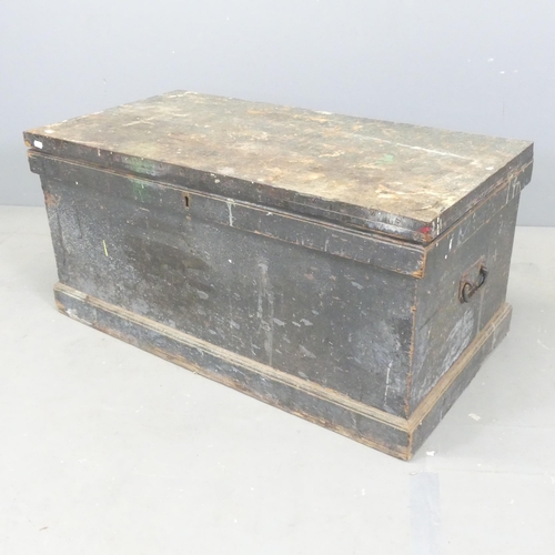 2675 - A vintage stained pine tool box, with tray fitted interior. 94x46x49cm.