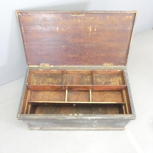 2675 - A vintage stained pine tool box, with tray fitted interior. 94x46x49cm.