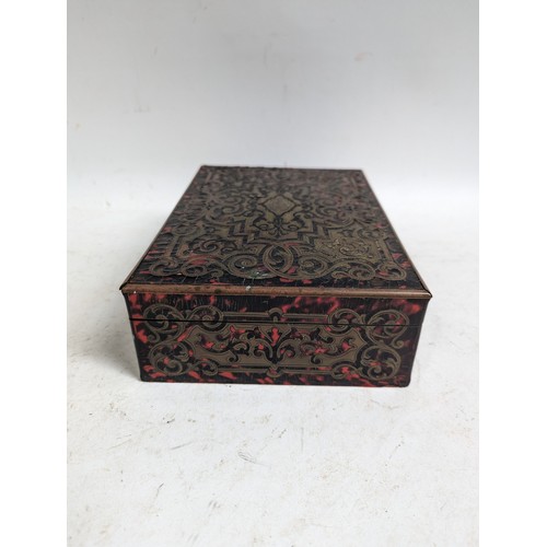 57 - A 19th century boulle-work lady's sewing box, having a blue silk fitted interior with lift-out tray,... 