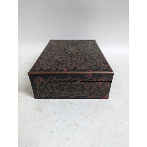 57 - A 19th century boulle-work lady's sewing box, having a blue silk fitted interior with lift-out tray,... 