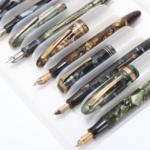 560 - 6 vintage lever fill fountain pens with marbled cap and barrel, includes New Bond Easi-Flow No444, 2... 