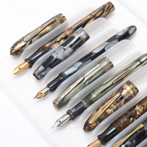 560 - 6 vintage lever fill fountain pens with marbled cap and barrel, includes New Bond Easi-Flow No444, 2... 