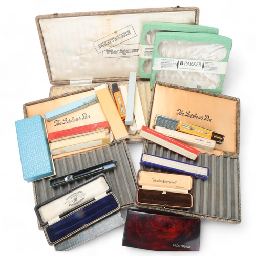 581 - A collection of vintage pen boxes, including Swan, Conway Stewart, Parker, Waterman, Stephens etc