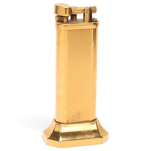 601 - A vintage Dunhill gold plated table lighter,  makers marks to base, No 18763, height 10cm