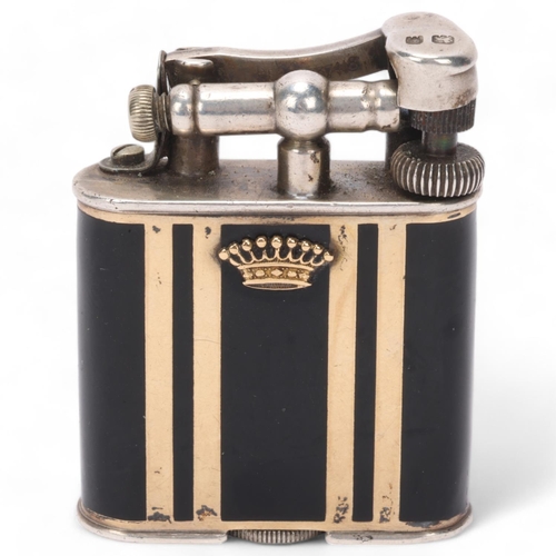 607 - A 1929 hallmarked silver Dunhill lighter, with gilt and black lacquer body, gilt metal crown detail,... 