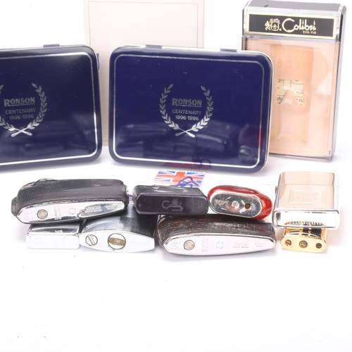 628 - A collection of lighters, two boxed Ronson Centenary, boxed Zippo, Colibri etc. (8)