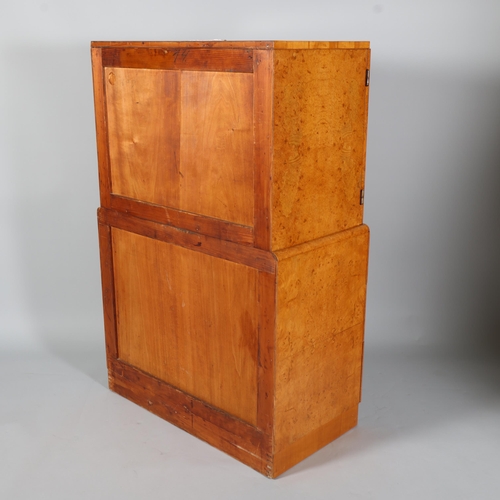 1 - Art Deco birdseye maple tallboy, 2 doors above enclosing shelved interior with 3 long drawers below ... 