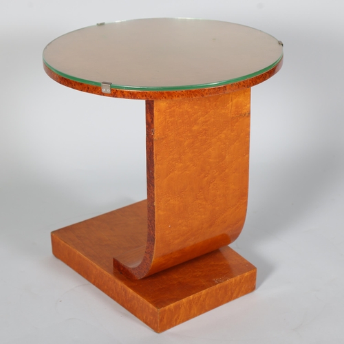 100 - Art Deco maple circular occasional table, with glass top and platform base, top diameter 46cm, heigh... 