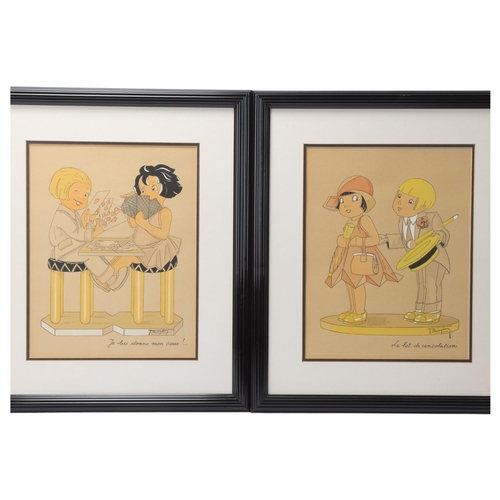 105 - Pair of French Art Deco hand coloured lithographs, image 31cm x 24cm, overall frame dimensions 47cm ... 