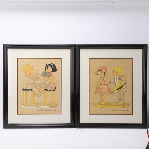 105 - Pair of French Art Deco hand coloured lithographs, image 31cm x 24cm, overall frame dimensions 47cm ... 