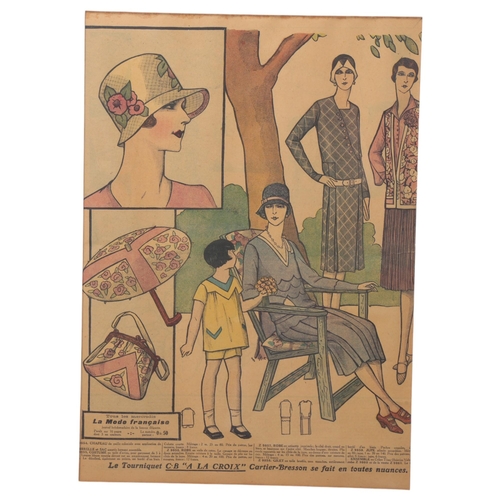 110 - French Art Deco fashion lithograph, image 35cm x 24cm, overall frame dimensions 64cm x 48cm