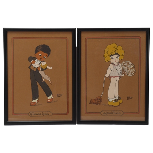 113 - Pair of French Art Deco pochoir nursery prints by Sky, overall frame dimensions 29cm x 21cm