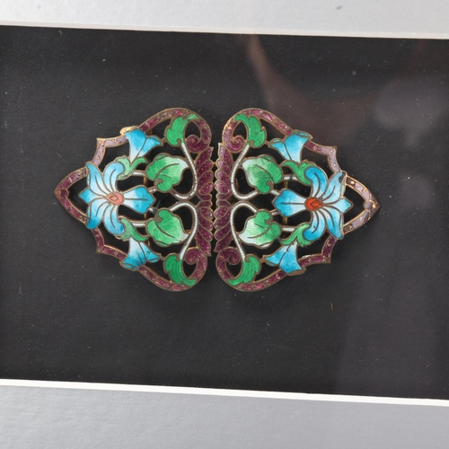 116 - 3 Art Nouveau enamelled and gem set buckles, mounted in good quality modern frame, overall frame dim... 