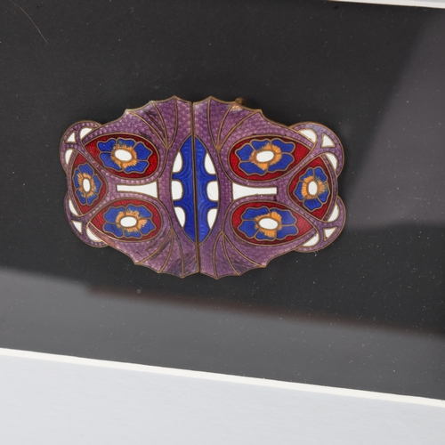 116 - 3 Art Nouveau enamelled and gem set buckles, mounted in good quality modern frame, overall frame dim... 