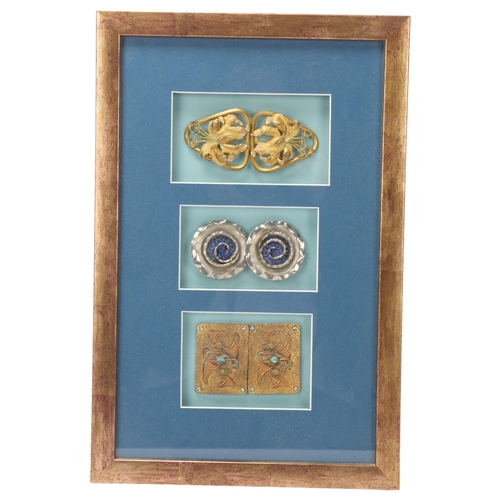 118 - 3 Art Nouveau buckles, mounted in good quality modern frame, overall frame dimensions 39.5cm x 26cm