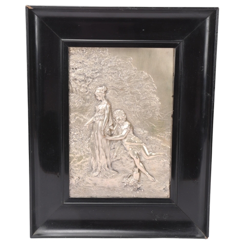 120 - Art Nouveau silver plate on copper relief plaque, depicting lovers in a woodland, overall frame dime... 