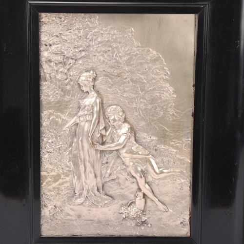 120 - Art Nouveau silver plate on copper relief plaque, depicting lovers in a woodland, overall frame dime... 