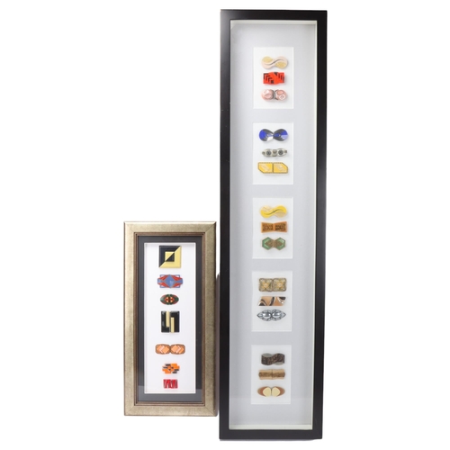 122 - A collection of Art Deco Bakelite and metal buckles, mounted in 2 good quality modern frames, larges... 