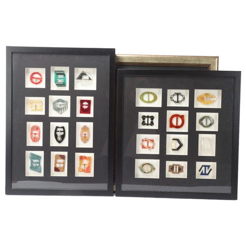 123 - A collection of Art Deco Bakelite buckles and buttons, mounted in 4 good quality modern frames (4)