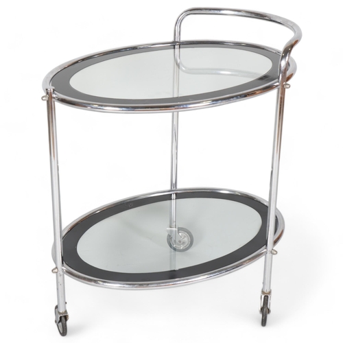 126 - Art Deco chrome plate 2-tier cocktail trolley, with original black/clear glass panels, length 67cm