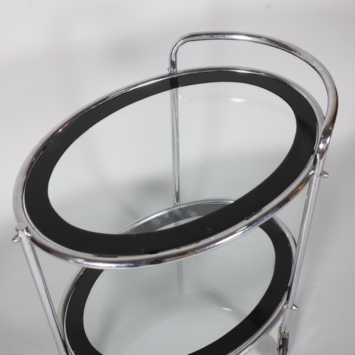 126 - Art Deco chrome plate 2-tier cocktail trolley, with original black/clear glass panels, length 67cm