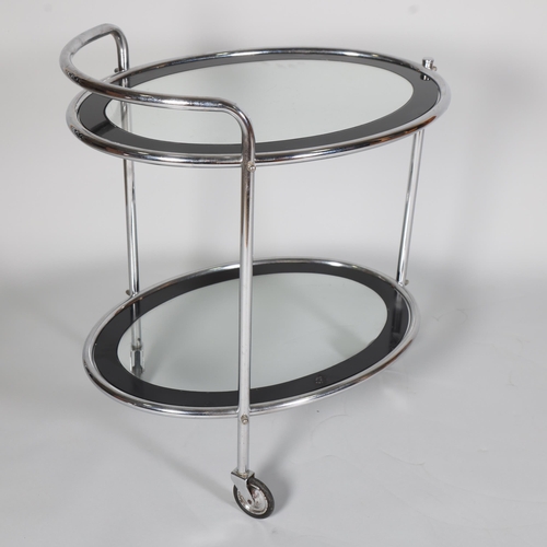 126 - Art Deco chrome plate 2-tier cocktail trolley, with original black/clear glass panels, length 67cm