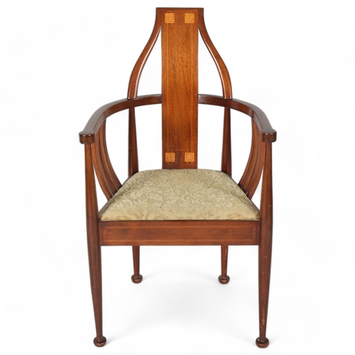 130 - Scottish Art Nouveau mahogany bow-arm hall chair, with marquetry inlaid back, height 97cm