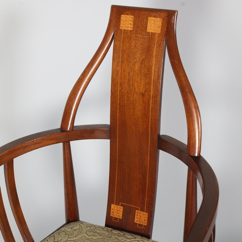 130 - Scottish Art Nouveau mahogany bow-arm hall chair, with marquetry inlaid back, height 97cm