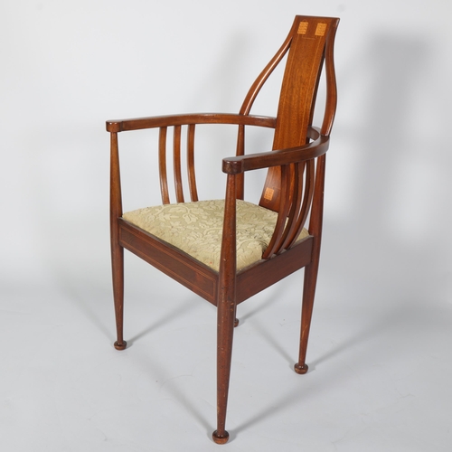 130 - Scottish Art Nouveau mahogany bow-arm hall chair, with marquetry inlaid back, height 97cm