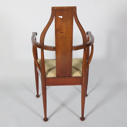 130 - Scottish Art Nouveau mahogany bow-arm hall chair, with marquetry inlaid back, height 97cm