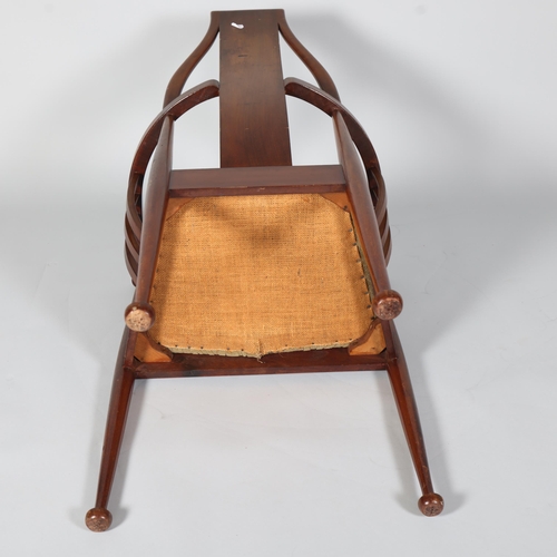 130 - Scottish Art Nouveau mahogany bow-arm hall chair, with marquetry inlaid back, height 97cm