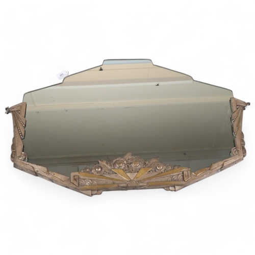 131 - Art Deco silver patinated bronze framed wall mirror, width 91cm, height 53cm