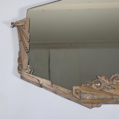 131 - Art Deco silver patinated bronze framed wall mirror, width 91cm, height 53cm