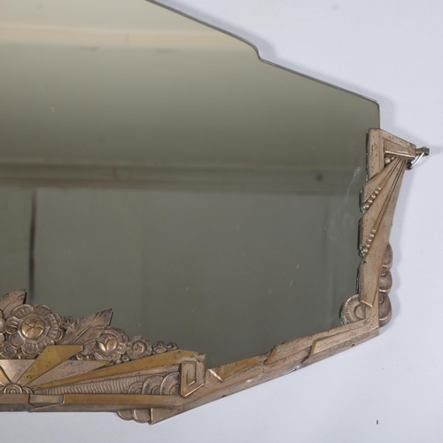 131 - Art Deco silver patinated bronze framed wall mirror, width 91cm, height 53cm